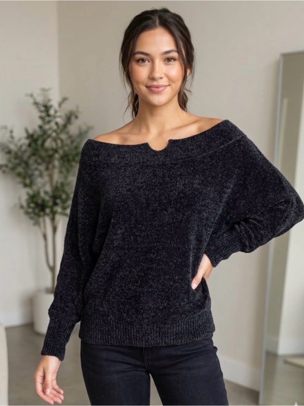 Umgee Black Cozy Cowl-Neck Women's Sweater PTP up to 36’